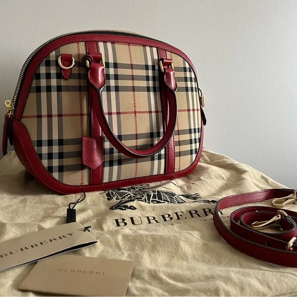 Burberry Red Trim Vintage Check Dome Satchel - Picture 2 of 9